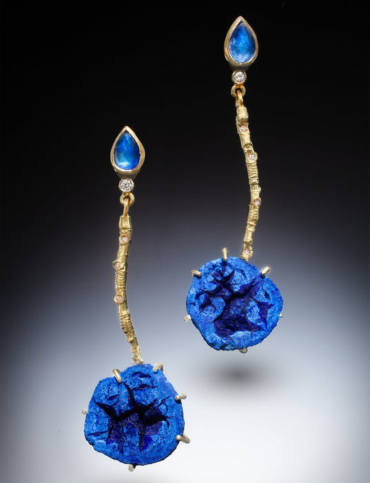 18k Gold Twig Earrings with Sapphire & Azurite