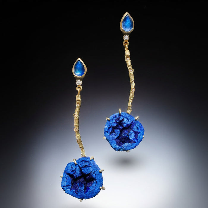 18kt Gold Twig Earring with Sapphire & Azurite