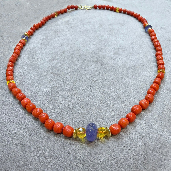 Italian Red Coral, Tanzanite, and Sapphire Necklace