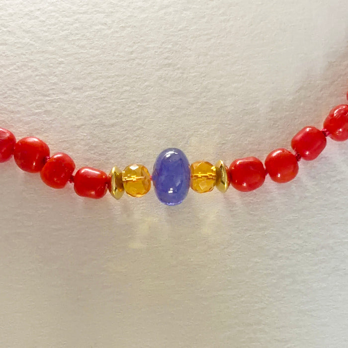 Italian Red Coral, Tanzanite, and Sapphire Necklace