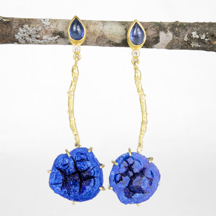 18k Gold Twig Earrings with Sapphire & Azurite