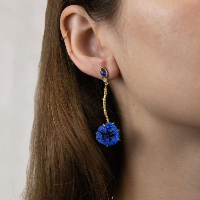18k Gold Twig Earrings with Sapphire & Azurite