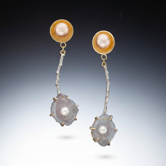 Violet Geode and Pearl Twig Earrings