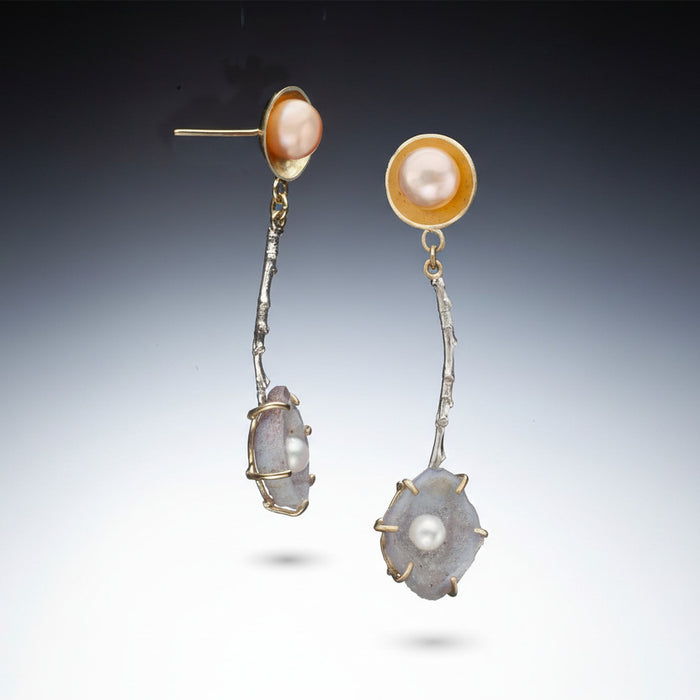 Violet Geode and Pearl Twig Earrings
