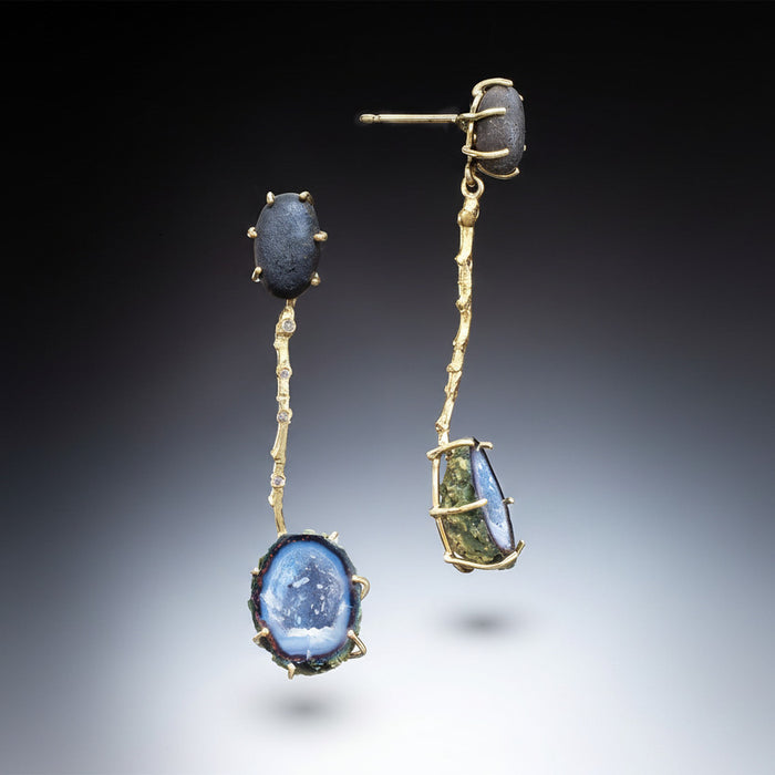 Icelandic Lava Stone & Blue Geode Twig Earring
