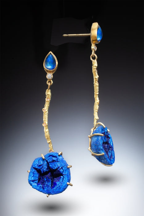 18k Gold Twig Earrings with Sapphire & Azurite