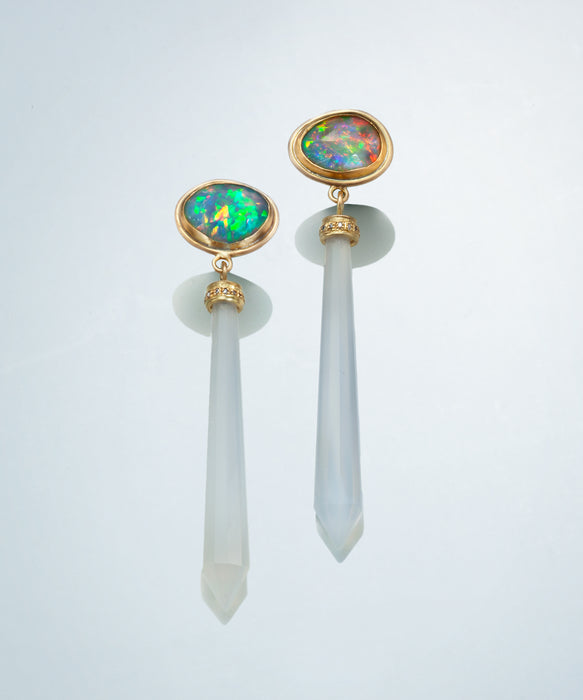 Opal, Chalcedony and Diamond Earrings