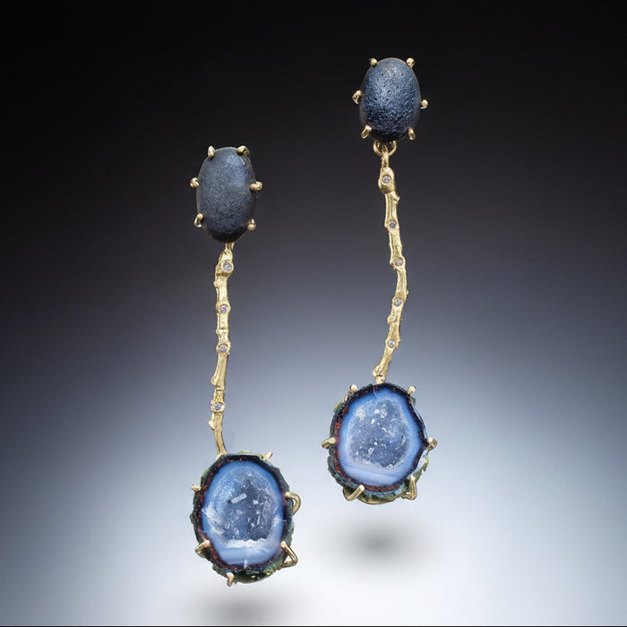 Icelandic Lava Stone & Blue Geode Twig Earring