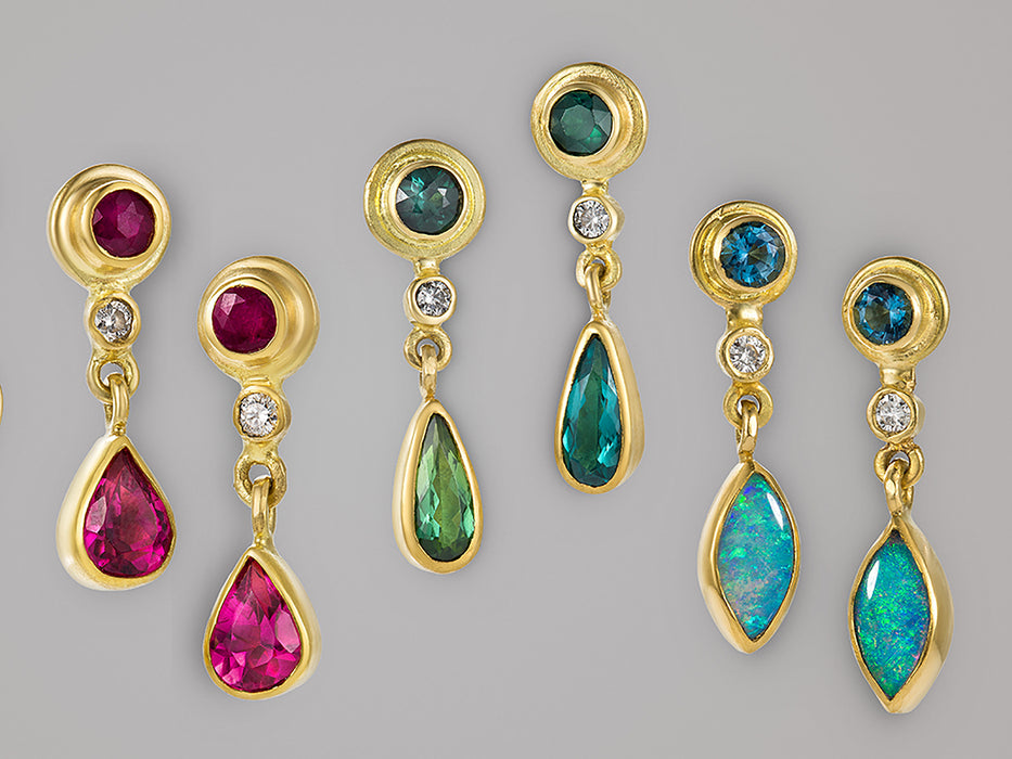 Ruby, Pink Tourmaline and Diamond Tåre Earrings