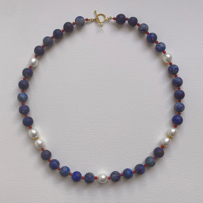 Lapis Lazuli, Pearl and Italian Red Coral Necklace