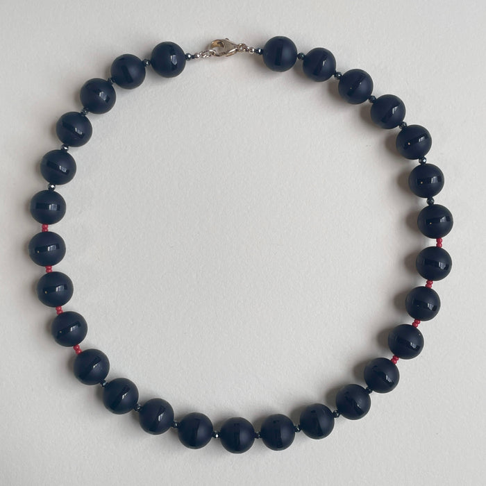 Banded Black Onyx Necklace with Italian Red Coral and Hematite