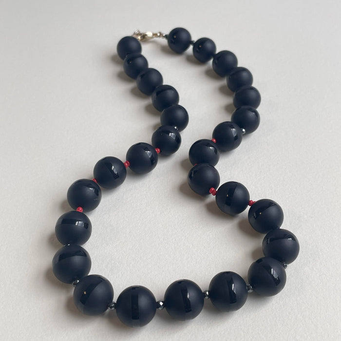 Banded Black Onyx Necklace with Italian Red Coral and Hematite