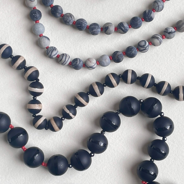 Banded Black Onyx Necklace with Italian Red Coral and Hematite