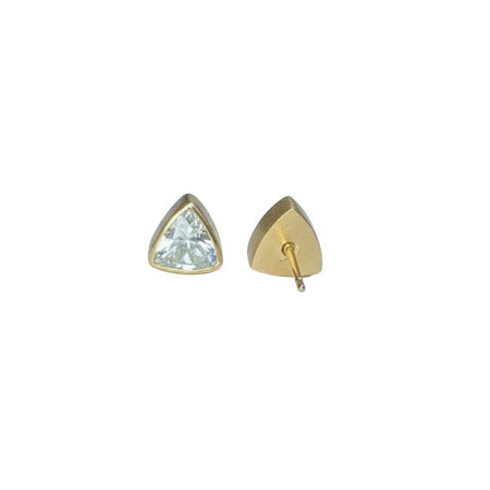 Gold-trimmed triangle-shaped earrings on a white background