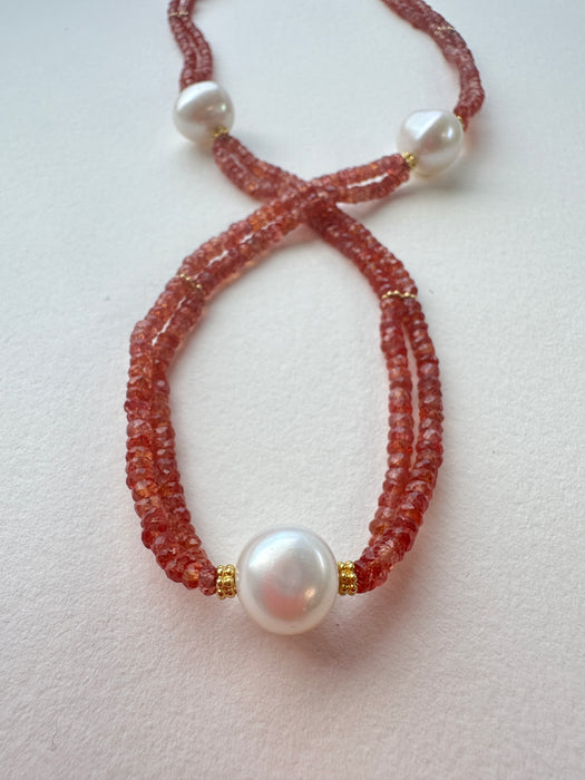 18k Gold Padparadscha Sapphire and Pearl Necklace