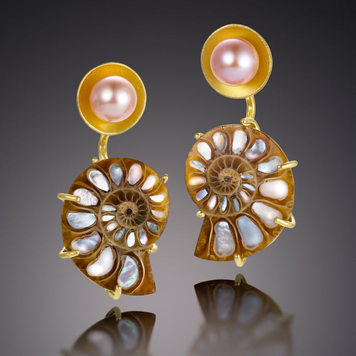Ammonite and Pearl Basket Earring