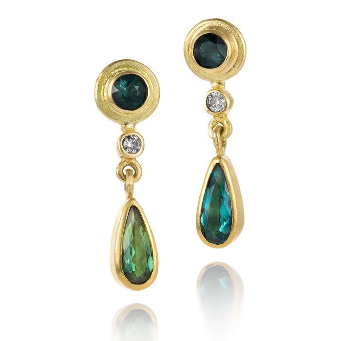 Indicolite Tourmaline and Diamond Tåre Earrings