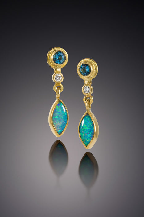 Aquamarine, Opal and Diamond Tåre Earrings