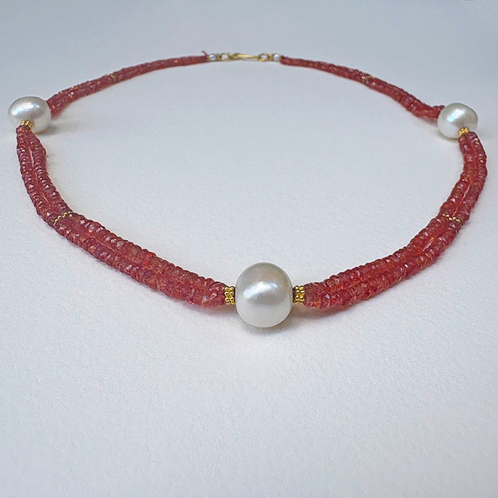18k Gold Padparadscha Sapphire and Pearl Necklace