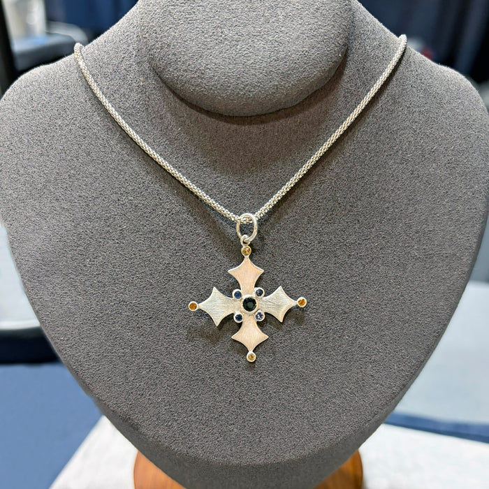 Silver Square Cross Pendant with Tourmaline and Sapphire Pendant