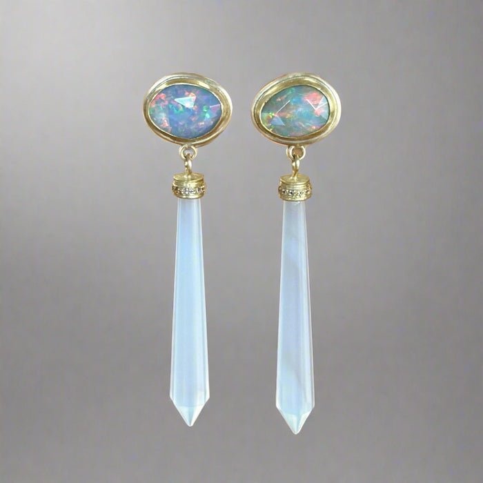 Opal, Chalcedony and Diamond Earrings