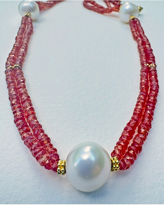 18k Gold Padparadscha Sapphire and Pearl Necklace